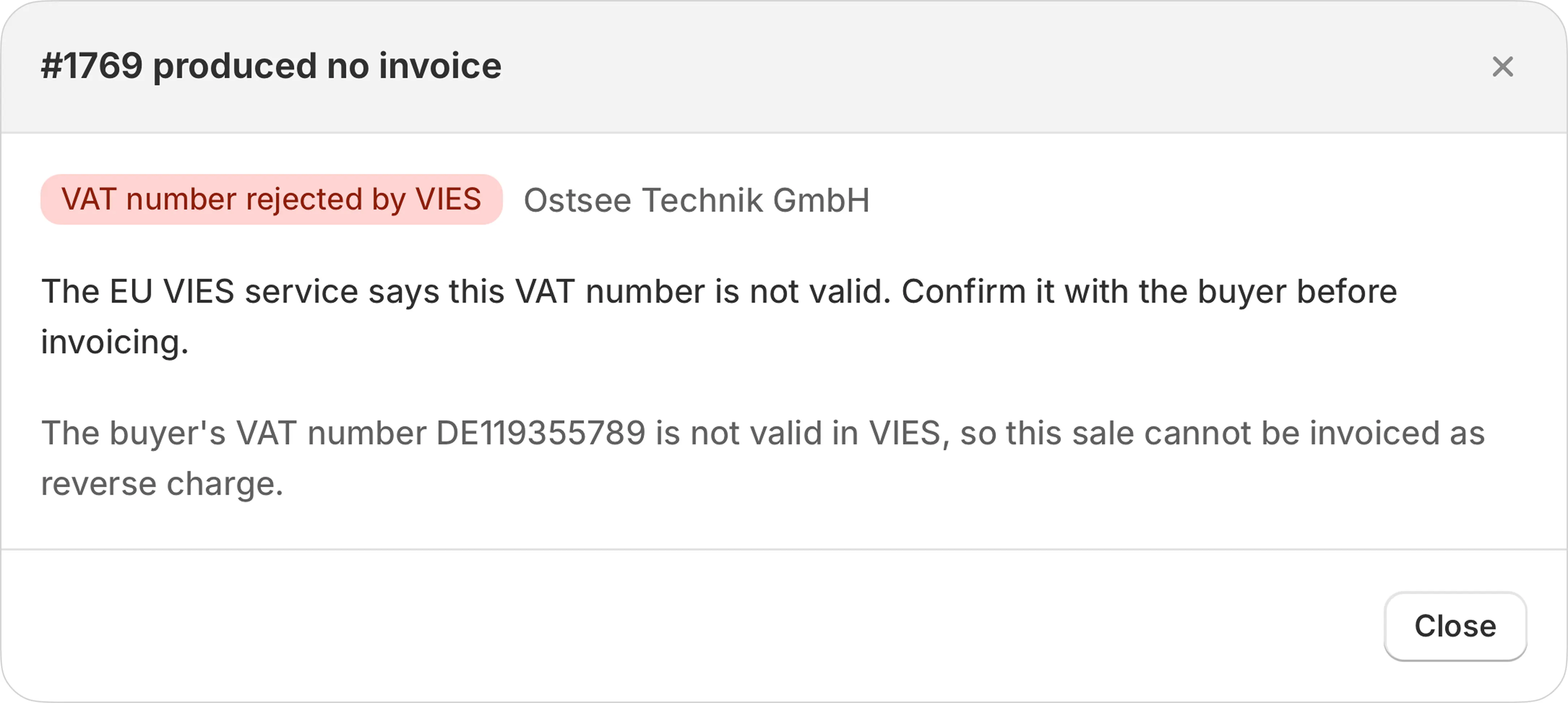 Zeppol explaining why an order produced no invoice: the buyer's VAT number was rejected by VIES